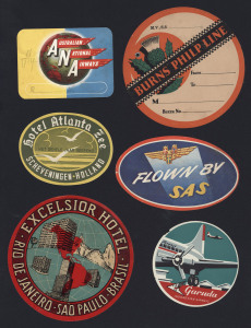REST OF THE WORLD - General & Miscellaneous Lots: Attractive accumulation of 1930s-50s airline, shipping line & hotel luggage/parcel labels and tags including Burns Philp thistle design large circular tags (8, three used), Excelsior Hotel in Sao Paulo labels (15), Australian National Airways labels (2), Garuda Airaways (4); others for Alvear Palace Hotel in Buenos Aires, Central Hotel in Delmenhorst Germany, Hotel Floriadiana in Capri, etc; very mixed condition with many labels adhered to other