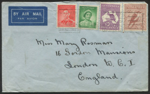COMMONWEALTH OF AUSTRALIA: Kangaroos - CofA Watermark: 9d Violet variety White flaw over second 'E' of 'PENCE' similar to BW.29(4)o but with Additional break in upper limb of 'E' ( 4R12 advanced state?), plus three other stamps on 1937 (May 17) 1/6d airmail rate cover to England.
