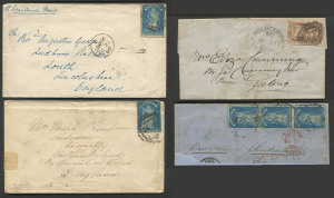 VICTORIA - Postal History: 1854-60 Queen-on-Throne group comprising imperf Campbell 2d dull brown tied by barred oval "1" on 1854 (May 7) outer (mild aging) to Geelong also rouletted 6d QOT strip of 3 on 1859 (Feb.25) large-part entire to Switzerland plu