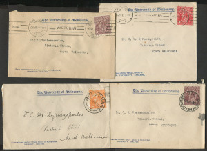 COMMONWEALTH OF AUSTRALIA: KGV Heads - Collections & Accumulations: 1916-21 group of covers with University of Melbourne printed covers with perf. 'OS' issues comprising 1d Red (4), 1½d Brown (3), 1½d Red (2) & 2d Orange; also Dept of Labour front with perf. 'OS' 1½d Red & 1919 use of "THREE/HALFPENCE" on 1d Postal Card to USA uprated with ½d Green with two-line "RECEIVED FROM NEW YORK/DAMAGED" handstamp in red; generally fine.