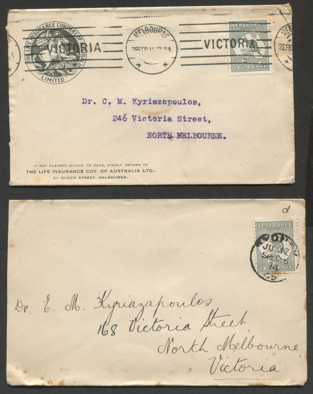 COMMONWEALTH OF AUSTRALIA: Kangaroos - First Watermark: Usage of 2d Grey on 1914 (Feb.28) The Life Insurance Co. of Australia advertising cover with typed address, and on a 1914 (July 17) plain cover; both covers to the same addressee in North Melbourne.