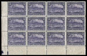 TASMANIA: 1899-1900 (SG.230) 2d deep violet De La Rue Printing lower-left corner block of 12 (4x3), showing Plate No "1" in violet in corner, some sensible reinforcements of perf separations, six units MUH.