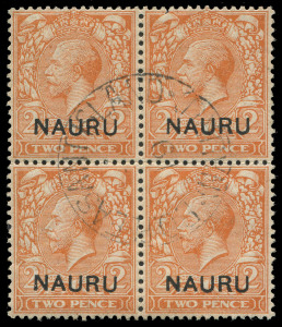 1916-13 (SG.5) Overprints on GB (at base) KGV 2d orange Die II, pinhole a single tonespot upper-right unit, centrally struck "PLEASANT ISLAND/NAURU" datestamp. Rare multiple, Cat. £400+.