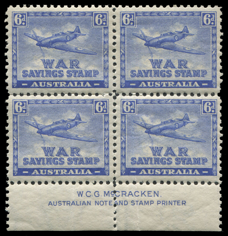 COMMONWEALTH OF AUSTRALIA: Cinderellas: War Savings Stamps: Wmk Crown/A Sideways 6d "Spitfire" Perf 11 McCracken imprint block of 4, trivial gum wrinkles, fresh MUH and very scarce thus.
