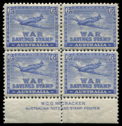 COMMONWEALTH OF AUSTRALIA: Cinderellas: War Savings Stamps: Wmk Crown/A Sideways 6d "Spitfire" Perf 11 McCracken imprint block of 4, trivial gum wrinkles, fresh MUH and very scarce thus.