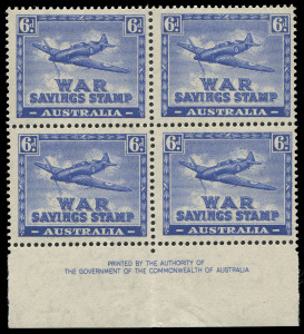 COMMONWEALTH OF AUSTRALIA: Cinderellas: War Savings Stamps: Multiple Crown CofA 6d "Spitfire" Perf 14 Authority imprint block of 4, trivial gum wrinkles, fresh MUH.