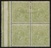 COMMONWEALTH OF AUSTRALIA: KGV Heads - Large Multiple Watermark: ½d Pale Yellowish-Green variety "Thin fraction at right" [5R43] BW.65E(5)s in right pane gutter block of 4, well centred, lower units MUH. Scarce variety in this shade, Cat.$285+. Australian