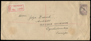 COMMONWEALTH OF AUSTRALIA: Kangaroos - Third Watermark: 9d Pale Violet Die IIB (rounded corner) solo franking paying double-rate postage (6d) and registration (3d) on 1923 (Aug.20) cover from Stock Exchange Melbourne to Czechoslovakia, numerous backstamps. Remarkable solo franking usage to a scarce destination.