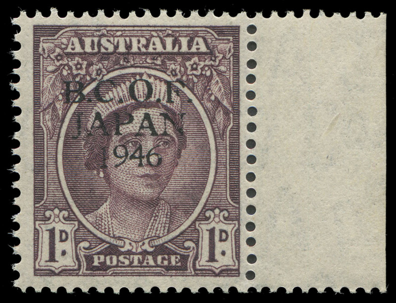 COMMONWEALTH OF AUSTRALIA: BCOF Japan: 1949-49 1d Queen Elizabeth with "Proof overprint in black" BW:J2PP(2)A marginal example, very fresh MUH, Cat $350.