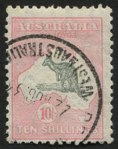 COMMONWEALTH OF AUSTRALIA: Kangaroos - CofA Watermark: 10/- Grey & Pink variety "Weeping kangaroo" [L38] BW.50(V)l, very fine used, Cat $550.