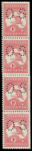 COMMONWEALTH OF AUSTRALIA: Kangaroos - First Watermark: 1d Red Die I perf Small 'OS' Coil Strip of 4, shaved perfs at right as is normal, separated between 2nd and 3rd units with hinge rejoin, top and bottom units MUH. Very scarce.