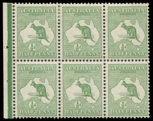 COMMONWEALTH OF AUSTRALIA: Kangaroos - First Watermark: ½d Green Die I BW.1A booklet pane of 6, fine mint, the lower central unit MUH.