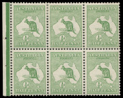 COMMONWEALTH OF AUSTRALIA: Kangaroos - First Watermark: &frac12;d Green Die I BW.1A booklet pane of 6, fine mint, the lower central unit MUH.