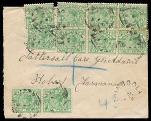 VICTORIA - Postal History: 1901 (Mar.26) registered "Tatts" cover from Boolara to Hobart with ½d emerald SG.356 x10 including block of 6 and pair tied by multiple poor stikes of BN 'MCCCC/21', weak strike of unframed Boolara datestamp (Rated 2R), appropriate backstamps. Scarce and unusual franking.