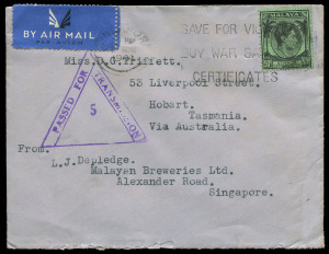MALAYA - Postal History: SINGAPORE: 1941 (Nov 16) Malayan Breweries Ltd commercial airmail cover to Hobart with Straits KGVI 50c tied by War Certificates slogan cancel, "PASSED FOR/TRANSMISSION" censor handstamp, on reverse Malaya Patriotic Fund 1c, 2c & 5c labels and a Bomber Fund Victory label. Most attractive.