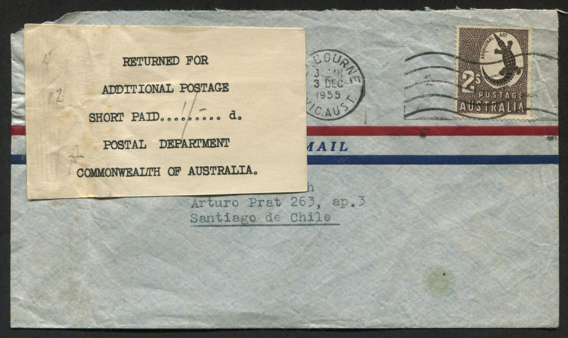 COMMONWEALTH OF AUSTRALIA: Postal History: 1955 (Dec 3) cover from Melbourne to Chile with 2/- Crocodile tied Melbourne machine cancel, underpaid with "RETURNED FOR/ADDITIONAL POSTAGE/SHORT PAID "1/-" d./POSTAL DEPARTMENT/COMMONWEALTH OF AUSTRALIA" label