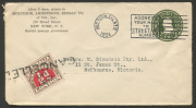 COMMONWEALTH OF AUSTRALIA: Revenues: 1924-61 inward covers with Customs Duty issues added comprising USA 1924 1c Stationery Envelope from New York with 1c on &frac12;d tied by 'CANCELLED" handstamp and 1961-62 covers from London with different meter cancels bot