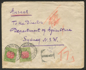 COMMONWEALTH OF AUSTRALIA: Postal History: 1937 (Jan.29) inwards cover from Russia to "Department of Agriculture" (Sydney) with Russian 1k Postal Service tied to the reverse side by Karkov (Ukraine) datestamp, taxed on arrival with 4d & 3d added tied by "DELIVERY ROOM G.P.O./SYDNEY" datestamps, trivial edge tones.