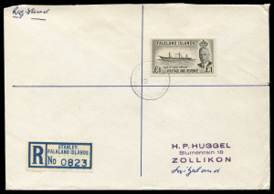 Falkland Islands: 1952 Pictorials on registered covers comprising 4d & 1/3d to USA plus single frankings of 2/6d, 5/-, 10/- on separate covers to United Kingdom and &pound;1 single franking to Switzerland, generally fine. (5 covers)