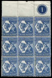 SOUTH AUSTRALIA: 1894-1906 (SG.237) Tannenberg 2½d indigo Perf. 13 Plate "1" top right block of 9 MUH, plus bottom left Plate "1" corner pair with partial sheet value inscription MVLH; also Detmold Paper 2½d Perf.12x11½ (SG.239) Plate "1" bottom right block of 4 (mild gum toning), the lower units MUH.