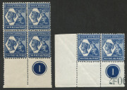 SOUTH AUSTRALIA: 1894-1906 (SG.237) Tannenberg 2&frac12;d indigo Perf. 13 Plate "1" top right block of 9 MUH, plus bottom left Plate "1" corner pair with partial sheet value inscription MVLH; also Detmold Paper 2&frac12;d Perf.12x11&frac12; (SG.239) Plate "1" bottom right - 2