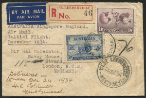 COMMONWEALTH OF AUSTRALIA: Aerophilately & Flight Covers: 10 Dec.1934 (AAMC.470) Australia-Singapore-England registered small cover to England with 1/6d Hermes & 3d Macarthur tied by West Leederville (WA) "8DEC34" datestamp, black/red registration label numbered "46", addressed to Sir Hal Colebatch former WA Premier then serving in London as agent-general for Western Australia.