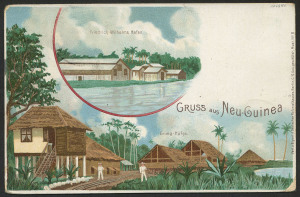 NEW GUINEA - German (Deutsch) New Guinea: 1898 use of 10pf Postal Card overprinted 'Deutsch-/Neu-Guinea' with artistic view of "Gruss aus Neu-Guinea", used to Berlin with very fine strike of Powell Type 26 Berlinhafen "22/5/98" datestamp (Rated C), fine 