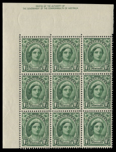 COMMONWEALTH OF AUSTRALIA: Other Pre-Decimals: 1947-52 (SG.222) No Watermark 1½d Green Queen Elizabeth upper-left corner block of 9 with "Misplacement of the Authority imprint from adjoining pane into the upper sheet margin" BW:227zg variety, the lower 6 units MUH.