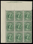 COMMONWEALTH OF AUSTRALIA: Other Pre-Decimals: 1947-52 (SG.222) No Watermark 1&frac12;d Green Queen Elizabeth upper-left corner block of 9 with "Misplacement of the Authority imprint from adjoining pane into the upper sheet margin" BW:227zg variety, the lower 6 