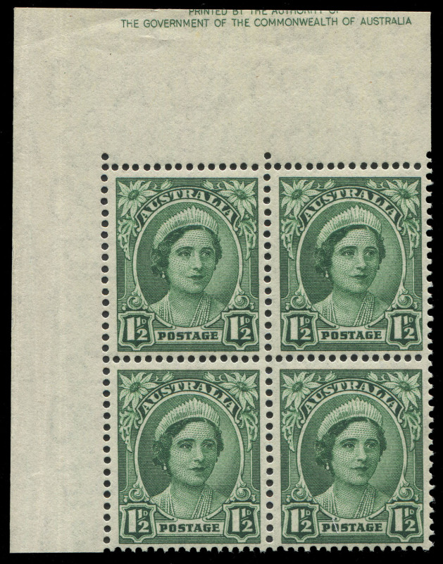 COMMONWEALTH OF AUSTRALIA: Other Pre-Decimals: 1942-50 (SG.204) Wmk Multiple Crown/CofA 1½d green Queen Elizabeth upper-left corner block of 4 with "Misplacement of large part of the Authority imprint (upper line partially guillotined) from adjoining pane