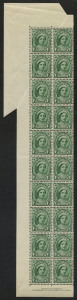 COMMONWEALTH OF AUSTRALIA: Other Pre-Decimals: 1947-52 (SG.222) No Watermark 1½d Green Queen Elizabeth Authority imprint block of 20 from left of the pane with "Diagonal paper fold at top resulting in miscutting of the sheet edge selvedge" BW:226ze variety, fresh MUH.