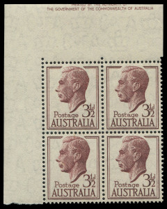 COMMONWEALTH OF AUSTRALIA: Other Pre-Decimals: 1951-53 (SG.247) 3½d Brown-Purple KGVI upper-left corner block of 4 with "Misplacement of large part of the Authority imprint (upper line partially guillotined) from adjoining pane into the upper sheet margin