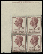 COMMONWEALTH OF AUSTRALIA: Other Pre-Decimals: 1951-53 (SG.247) 3&frac12;d Brown-Purple KGVI upper-left corner block of 4 with "Misplacement of large part of the Authority imprint (upper line partially guillotined) from adjoining pane into the upper sheet margin