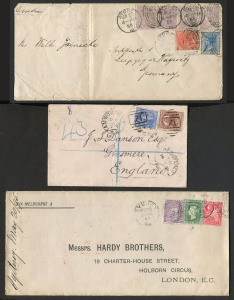 1888-95 covers with 1888 Sydney to Leipzig with 6d x4, 2d & 1d paying 9d per &frac12;oz rate x3 (endorsed via "Brindisi", but more likely via Trieste), Bahnpost Kuft-Mchen (Kufstein-M&uuml;nchen) TPO and arrival backstamps, slightly reduced; 1891 registered cover to 