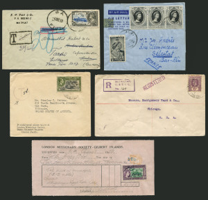 REST OF THE WORLD - General & Miscellaneous Lots: British Pacific Islands covers with Gilbert & Ellice 1933 to Chicago with very fine boxed 'R/BUTARITARI/G.&.E. I. C./No' registration h/s, 1958 Beru to USA with 2½d KGVI indistinctly tied, taxed, Tarawa ba