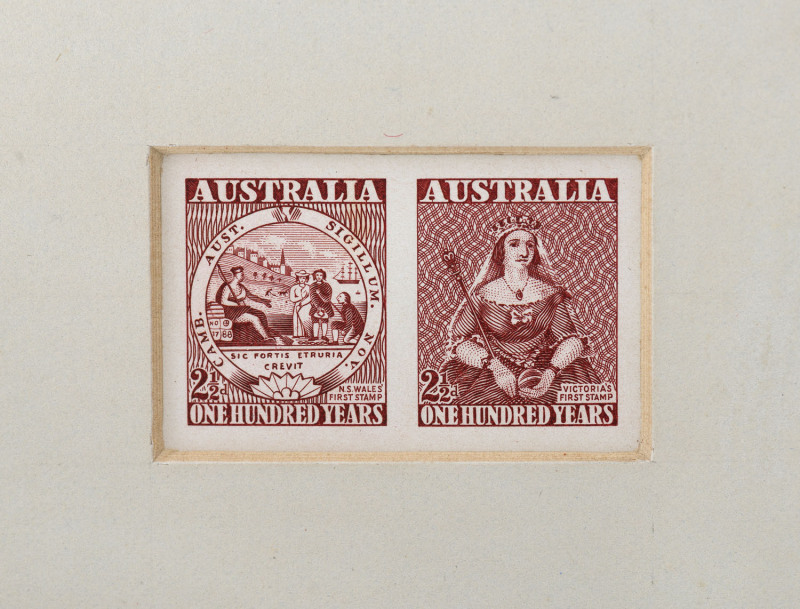 COMMONWEALTH OF AUSTRALIA: Other Pre-Decimals: Sunken Die Proof: 1950 2½d Stamp Centenary se-tenant pair, CBA cachet and numbered "10" on reverse, BW:278/9DP(1), accompanied by PMG's presentation letter (to W.L.Russell) in recognition of his services as a