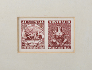 COMMONWEALTH OF AUSTRALIA: Other Pre-Decimals: Sunken Die Proof: 1950 2½d Stamp Centenary se-tenant pair, CBA cachet and numbered "10" on reverse, BW:278/9DP(1), accompanied by PMG's presentation letter (to W.L.Russell) in recognition of his services as a