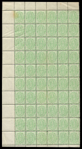 COMMONWEALTH OF AUSTRALIA: Postage Dues: 1906-08 (SG.D45) Crown/A ½d green, Perf.11½,12 Compound With 11 BW:D46, complete left pane of 60 units (6x10), selvedge intact on 3 sides, toning on upper-left unit only, very MUH overall, Cat. $1800++. Rare survivor.