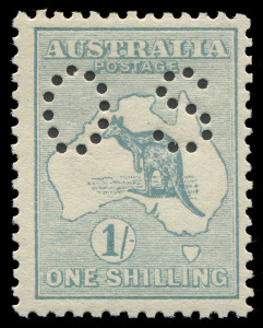 COMMONWEALTH OF AUSTRALIA: Kangaroos - First Watermark: 1/- Pale Green perforated Small OS, mild even-toned gum, well centred, MUH BW:30Aba - $3250 (extrapolated for MUH)