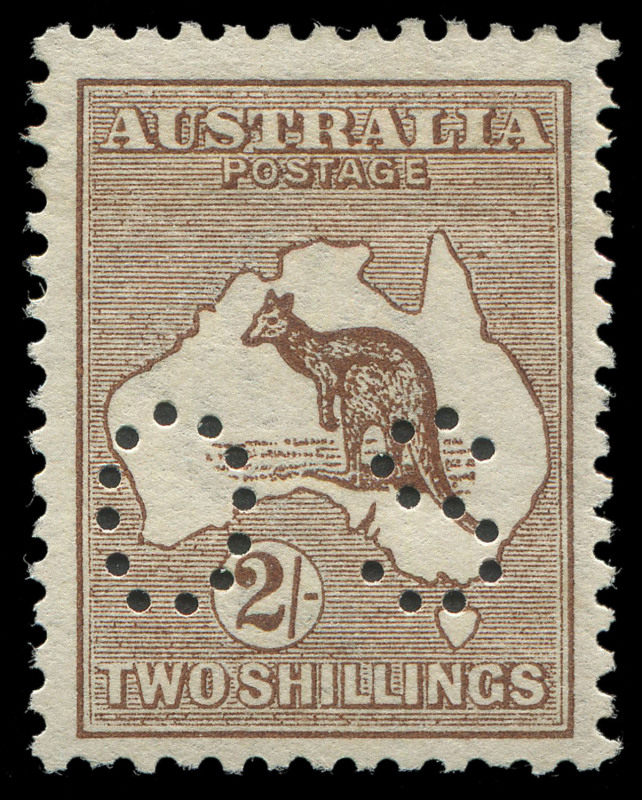 COMMONWEALTH OF AUSTRALIA: Kangaroos - First Watermark: 2/- Dark Brown perforated Small OS, very well centred, fine mint, BW:35bb - $2250.