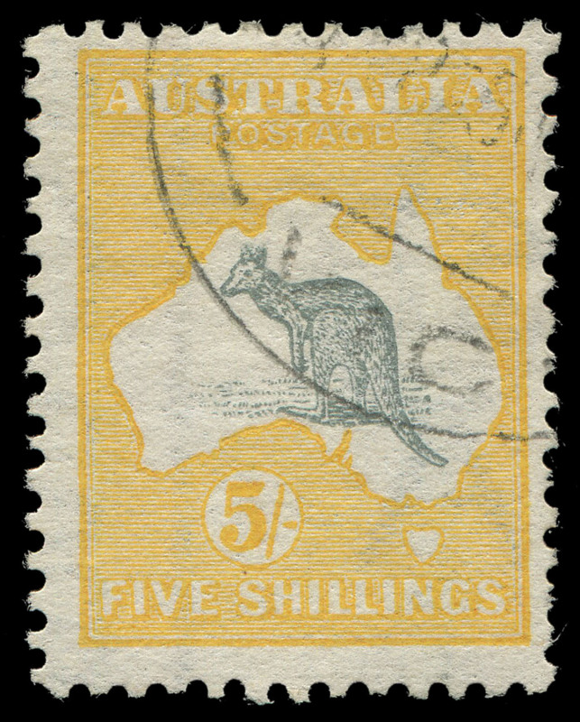 COMMONWEALTH OF AUSTRALIA: Kangaroos - First Watermark: 5/- Grey & Yellow with quarter strike of the scarce "MELBOURNE/24/P25AP13/VIC" CTO datestamp, without gum, BW:42wa - $600.