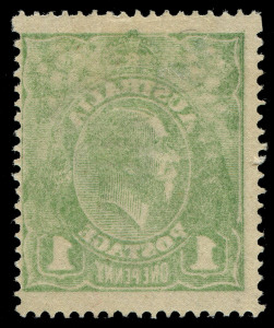 COMMONWEALTH OF AUSTRALIA: KGV Heads - Single Watermark: 1d Green with impressive and complete offset, fine mint, BW:77ca - Cat $1000. [A similarly centred example sold for $1500+ in a May 2009 Melbourne auction.]