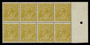 AUSTRALIA - KGV Heads - Single Watermark: 4d Olive-Yellow (Mullett printing) marginal block of 8, few light tones in margin only, stamps fresh MUH, BW:114C - $3200+. Rare multiple of an elusive shade.