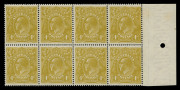 AUSTRALIA - KGV Heads - Single Watermark: 4d Olive-Yellow (Mullett printing) marginal block of 8, few light tones in margin only, stamps fresh MUH, BW:114C - $3200+. Rare multiple of an elusive shade.