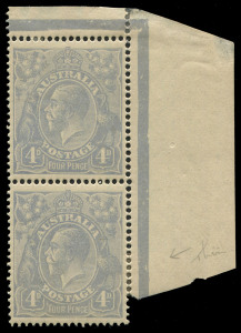 COMMONWEALTH OF AUSTRALIA: KGV Heads - Small Multiple Watermark Perf 14: 4d Pale Milky Blue Cooke Plates upper-right corner pair from the right pane with varieties "White spot in King's hair" & "thin FOUR PENCE retouch [2R6 & 2R12], perf reinforcement bet