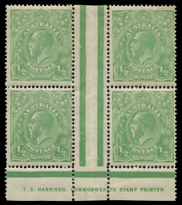 COMMONWEALTH OF AUSTRALIA: KGV Heads - Single Watermark: ½d Green Electro 7 Harrison one-line imprint ("COMMQNWEALTH") block of 4, MLH with lower units MUH, BW:63(7)z - $950+.