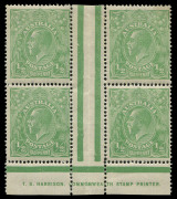 COMMONWEALTH OF AUSTRALIA: KGV Heads - Single Watermark: &frac12;d Green Electro 7 Harrison one-line imprint ("COMMQNWEALTH") block of 4, MLH with lower units MUH, BW:63(7)z - $950+.