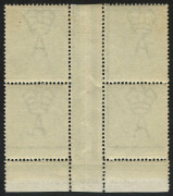 COMMONWEALTH OF AUSTRALIA: KGV Heads - Single Watermark: &frac12;d Green Electro 7 Harrison one-line imprint ("COMMQNWEALTH") block of 4, MLH with lower units MUH, BW:63(7)z - $950+. - 2