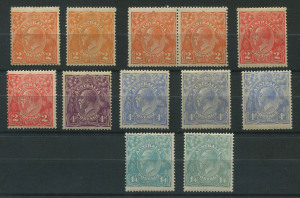 COMMONWEALTH OF AUSTRALIA: KGV Heads - Single Watermark: ½d Orange to 1/4d (2) mint selection including 1d red Die III block of 4 & two singles, WATERMARK INVERTED 1½d Black-Brown, 1½d Chocolate Brown, 1½d Scarlet, & 4d Blue (Harrison), ½d Orange, 1d Violet & 2d Red-Brown blocks of 4 & 1½d Red block of 6 all with listed varieties, plus 3d Blue blocks of 4 (3) incl Die 1a AA/BA marginal block of 4, odd gum disturbance, generally fine mint, high catalogue value.