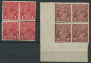 COMMONWEALTH OF AUSTRALIA: KGV Heads - Single Watermark: &frac12;d Orange to 1/4d (2) mint selection including 1d red Die III block of 4 & two singles, WATERMARK INVERTED 1&frac12;d Black-Brown, 1&frac12;d Chocolate Brown, 1&frac12;d Scarlet, & 4d Blue (Harrison), &frac12;d Orange, 1d Viol - 3